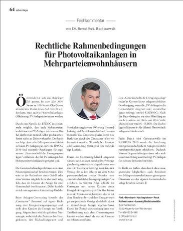 Rechtliche Rahmenbedingungen für Photovoltaikanlagen in Mehrparteienwohnhäusern (Artikel in advantage Nr. 4/2020)